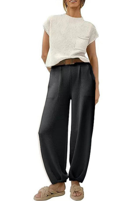 Ribbed Mock Neck T-shirt Pants Suits