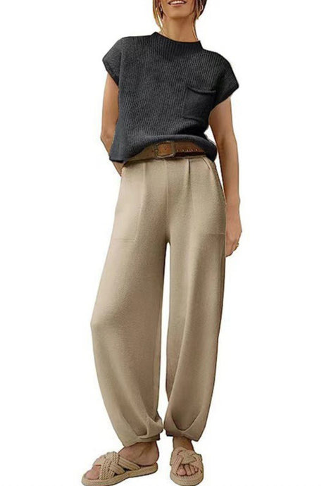 Ribbed Mock Neck T-shirt Pants Suits