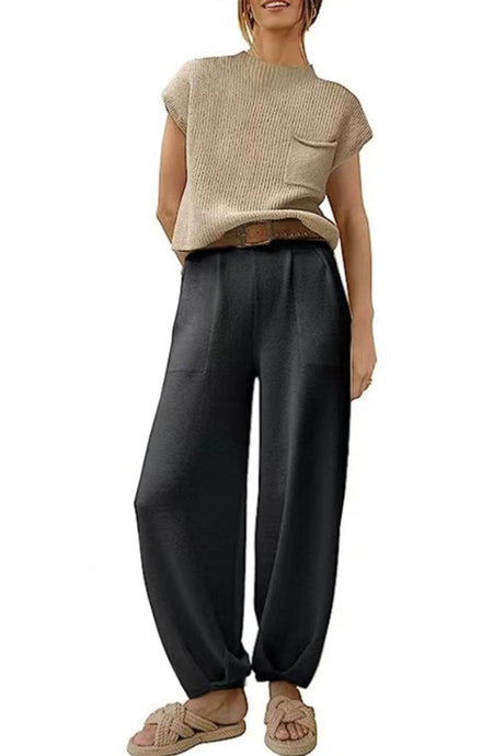 Ribbed Mock Neck T-shirt Pants Suits