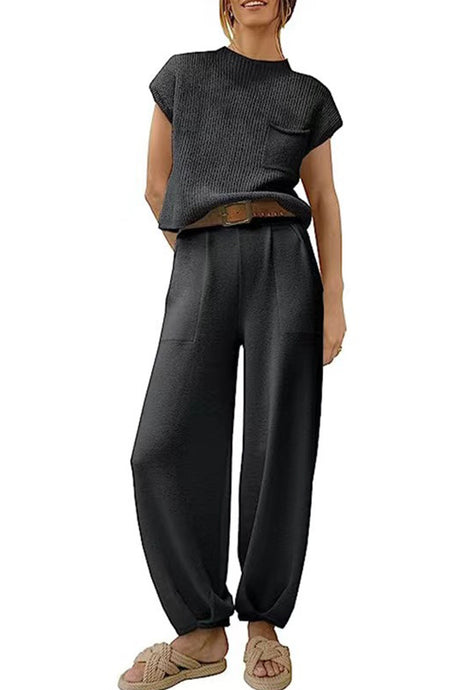 Ribbed Mock Neck T-shirt Pants Suits