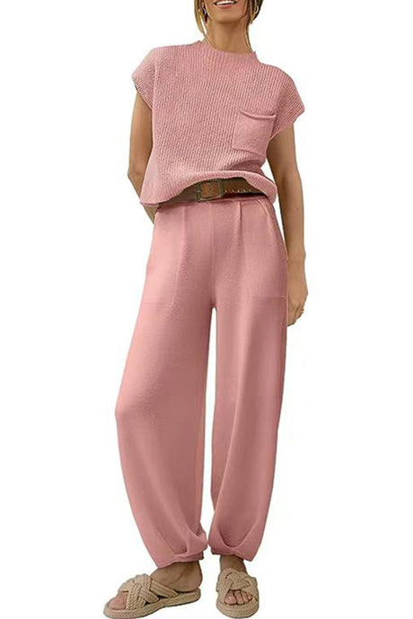 Ribbed Mock Neck T-shirt Pants Suits