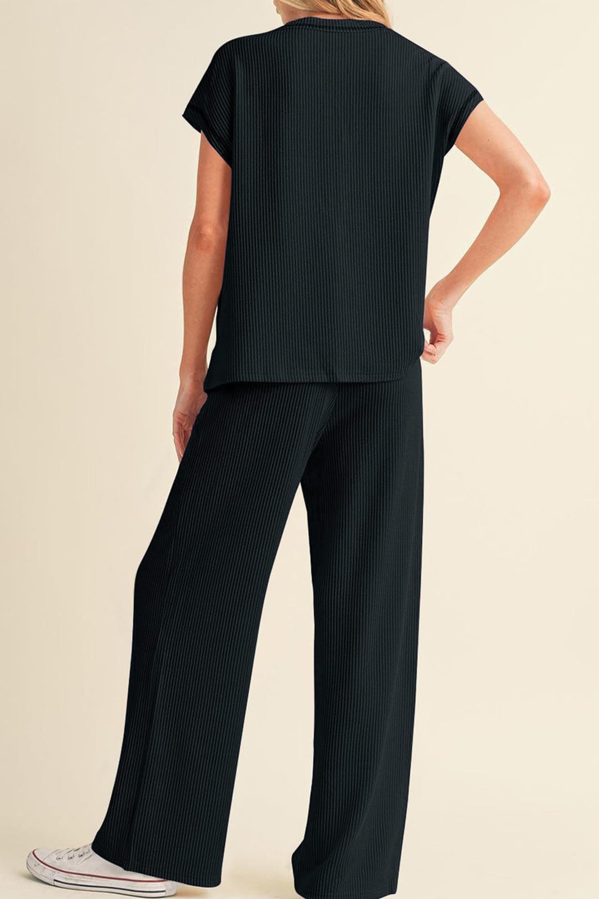 Arolora Ribbed T-shirt Wide Leg Long Pants Set