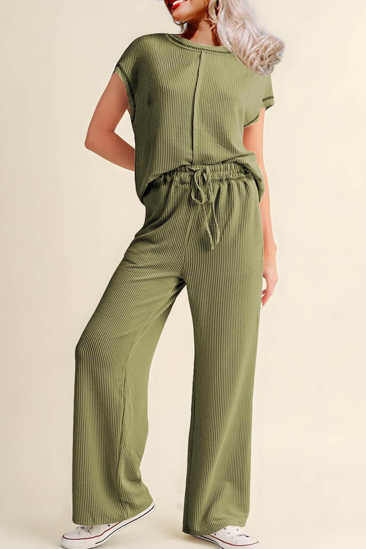 Arolora Ribbed T-shirt Wide Leg Long Pants Set