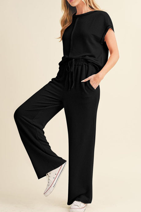 Arolora Ribbed T-shirt Wide Leg Long Pants Set