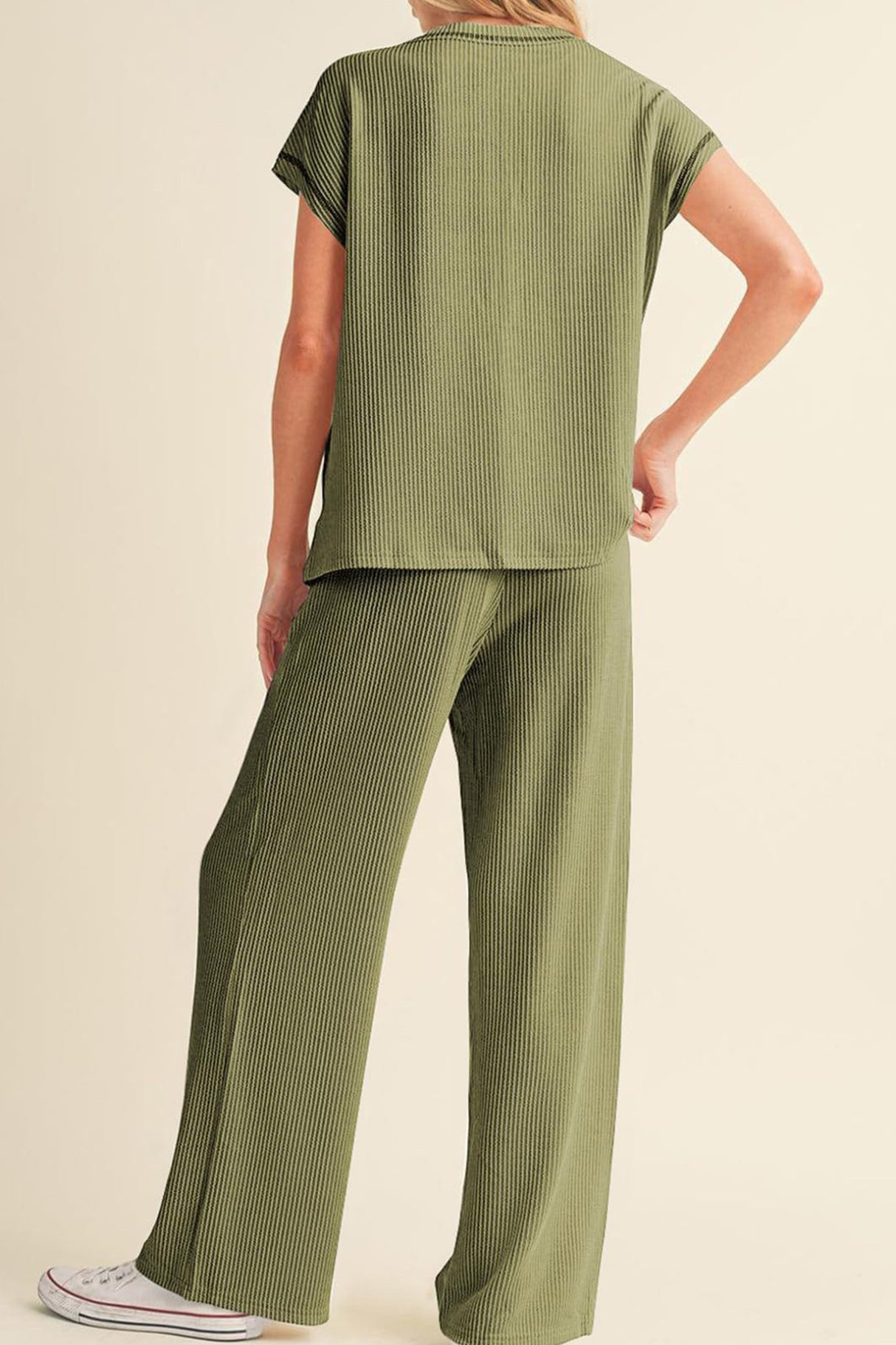 Arolora Ribbed T-shirt Wide Leg Long Pants Set