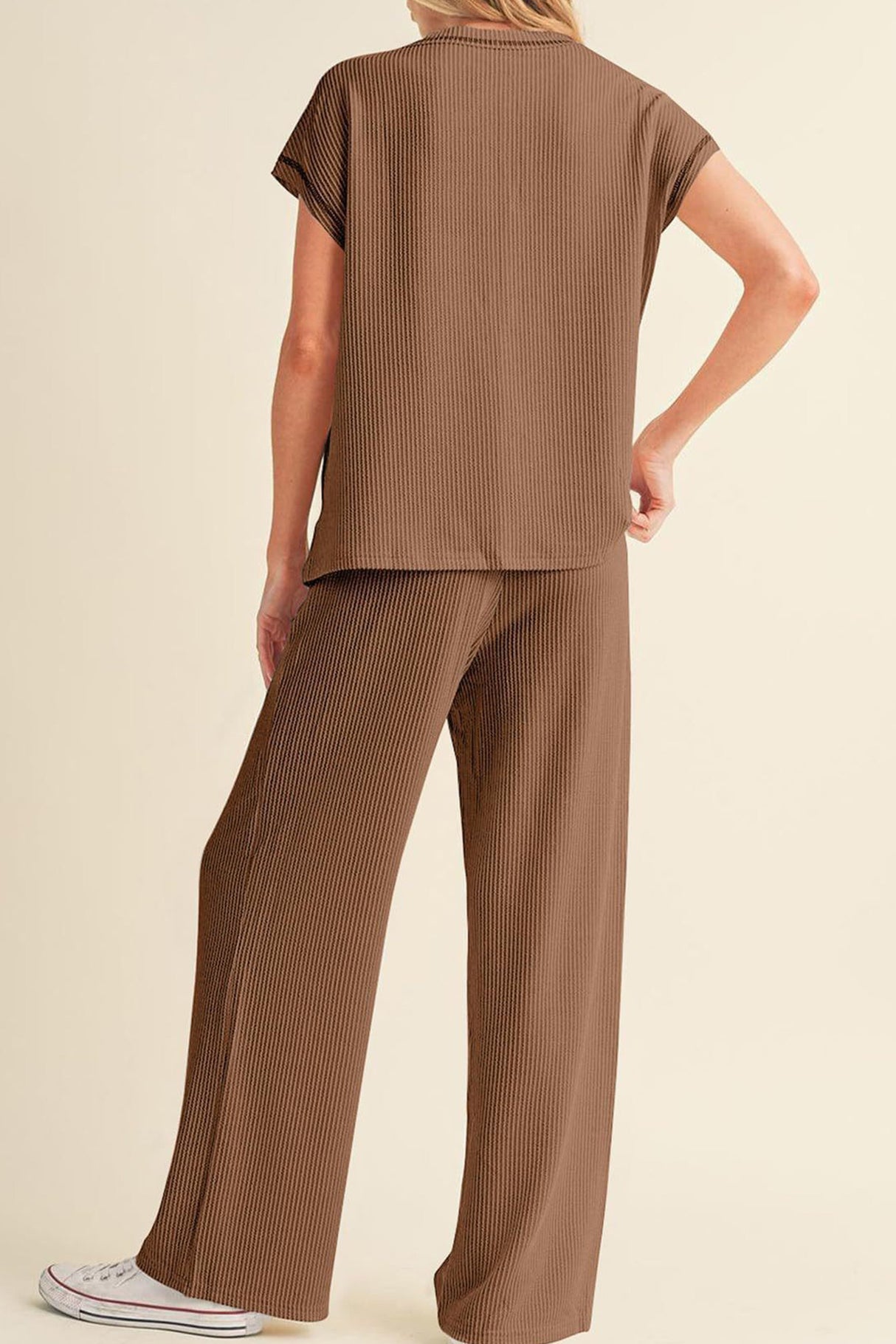 Arolora Ribbed T-shirt Wide Leg Long Pants Set