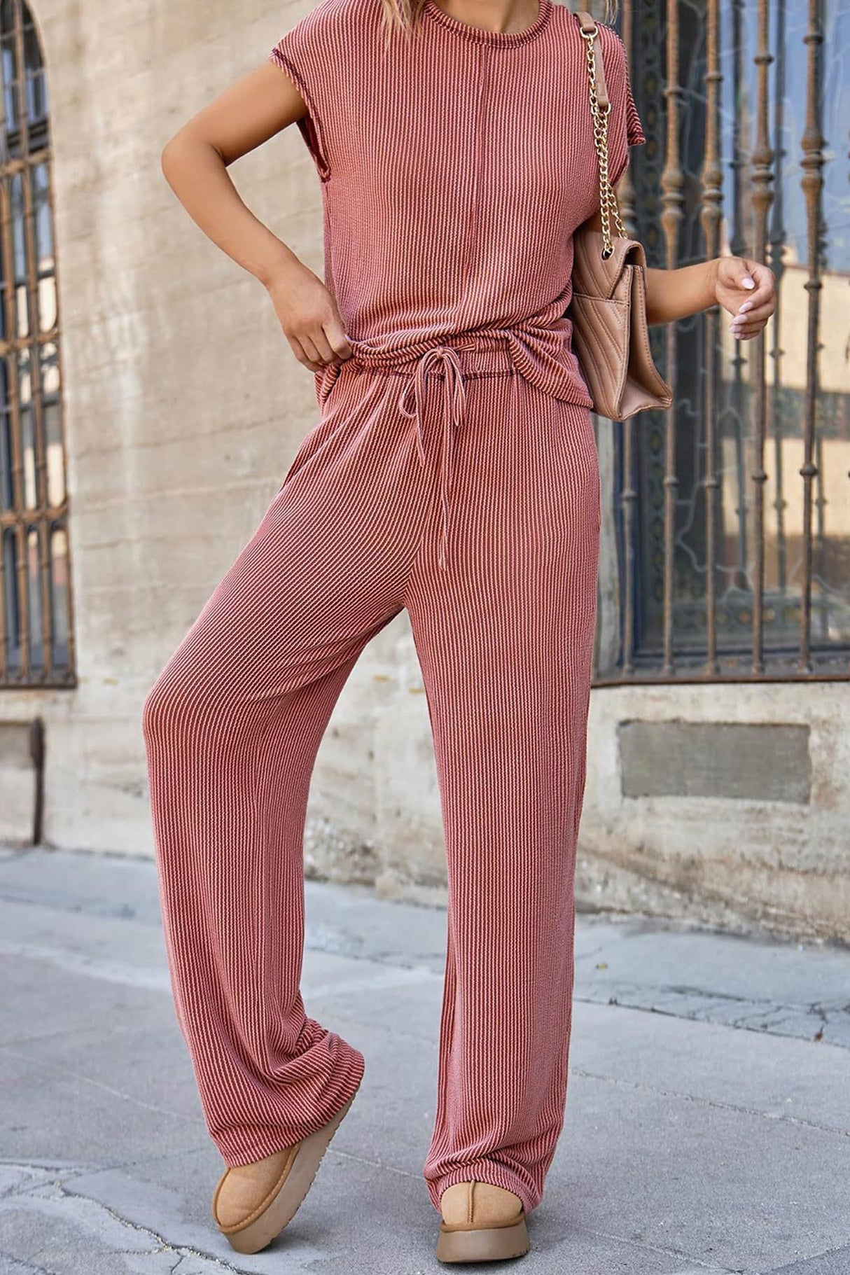 Arolora Ribbed T-shirt Wide Leg Long Pants Set