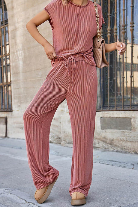 Arolora Ribbed T-shirt Wide Leg Long Pants Set