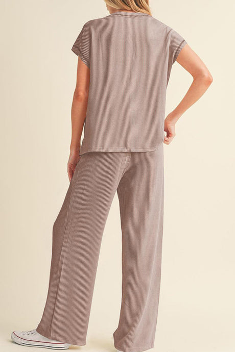 Arolora Ribbed T-shirt Wide Leg Long Pants Set