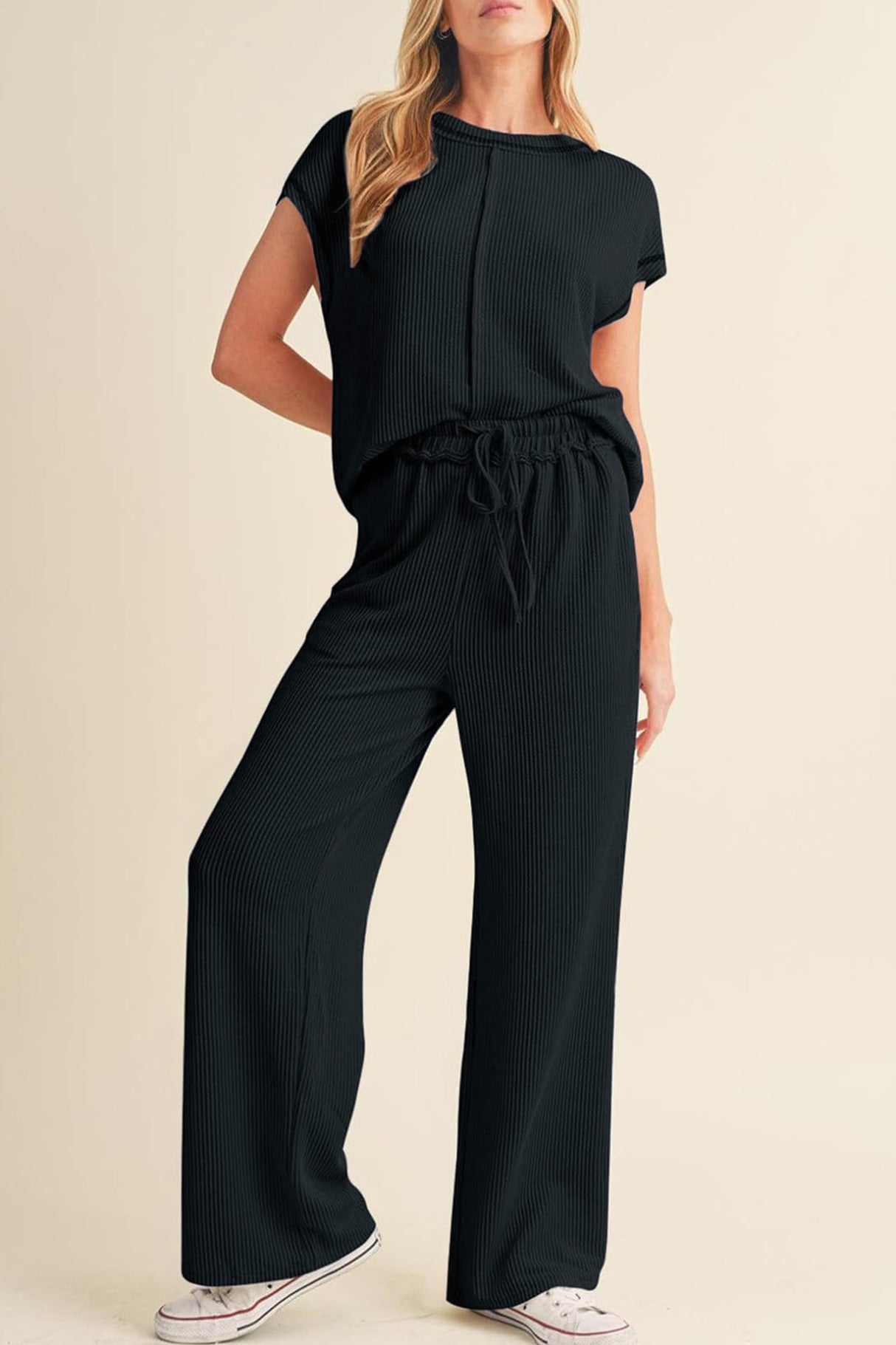 Arolora Ribbed T-shirt Wide Leg Long Pants Set