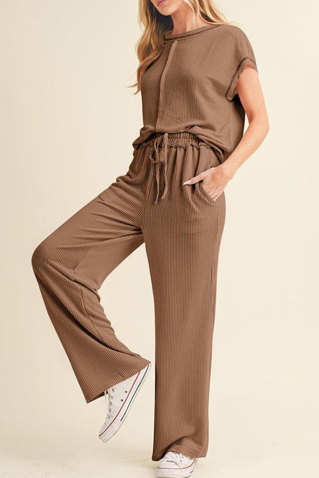 Arolora Ribbed T-shirt Wide Leg Long Pants Set