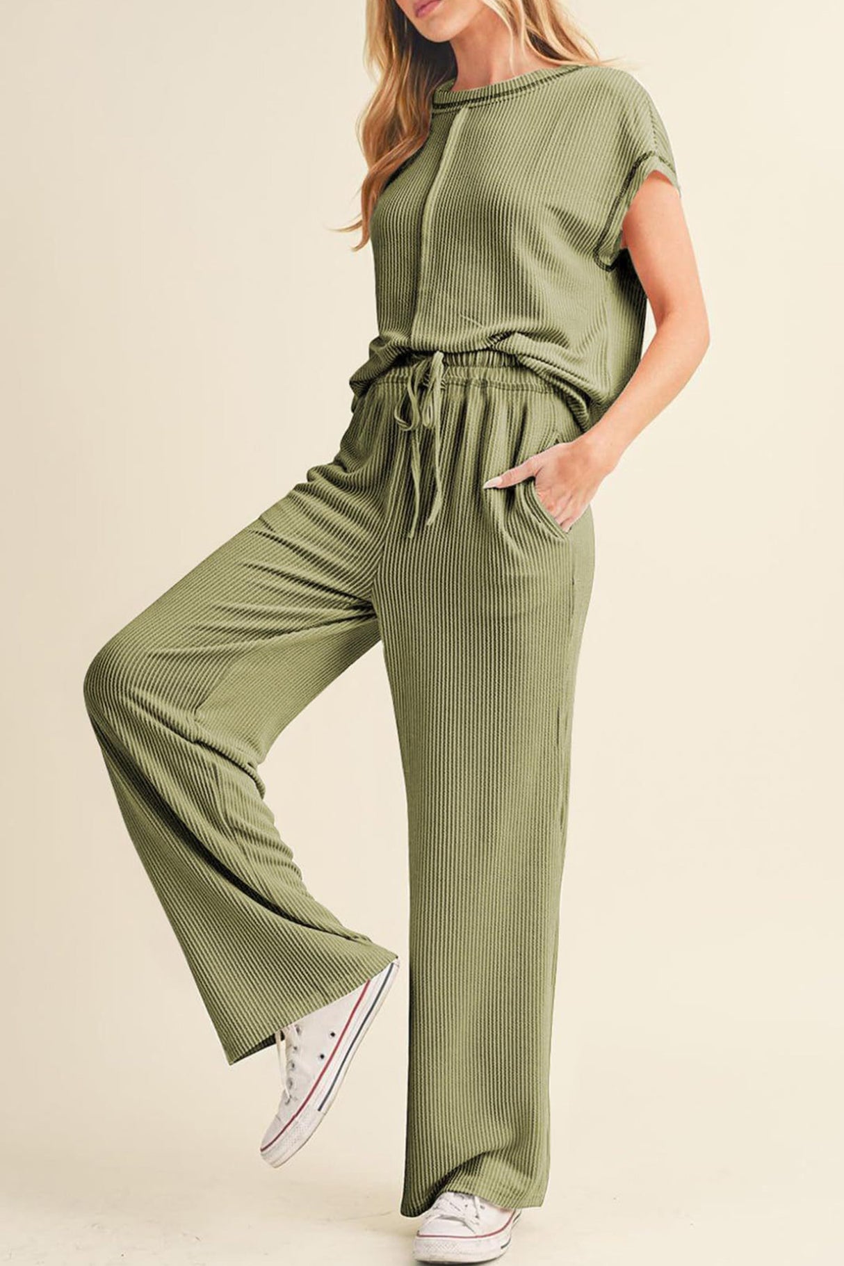 Arolora Ribbed T-shirt Wide Leg Long Pants Set