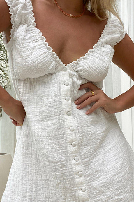 Ruched V Neck Button-down Linen Dress