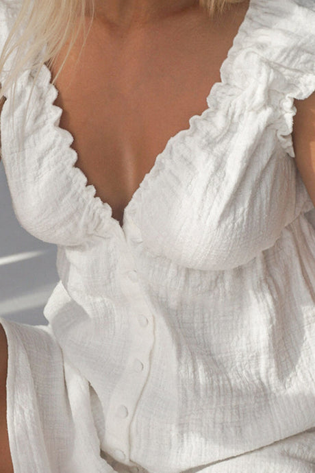 Ruched V Neck Button-down Linen Dress