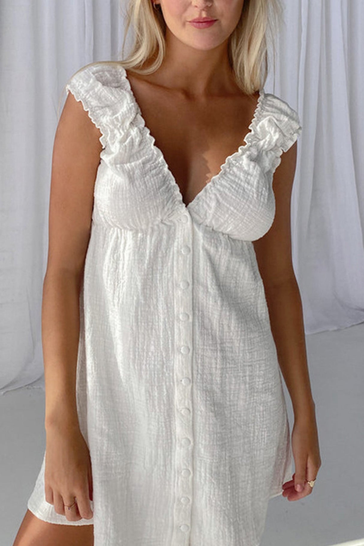 Ruched V Neck Button-down Linen Dress