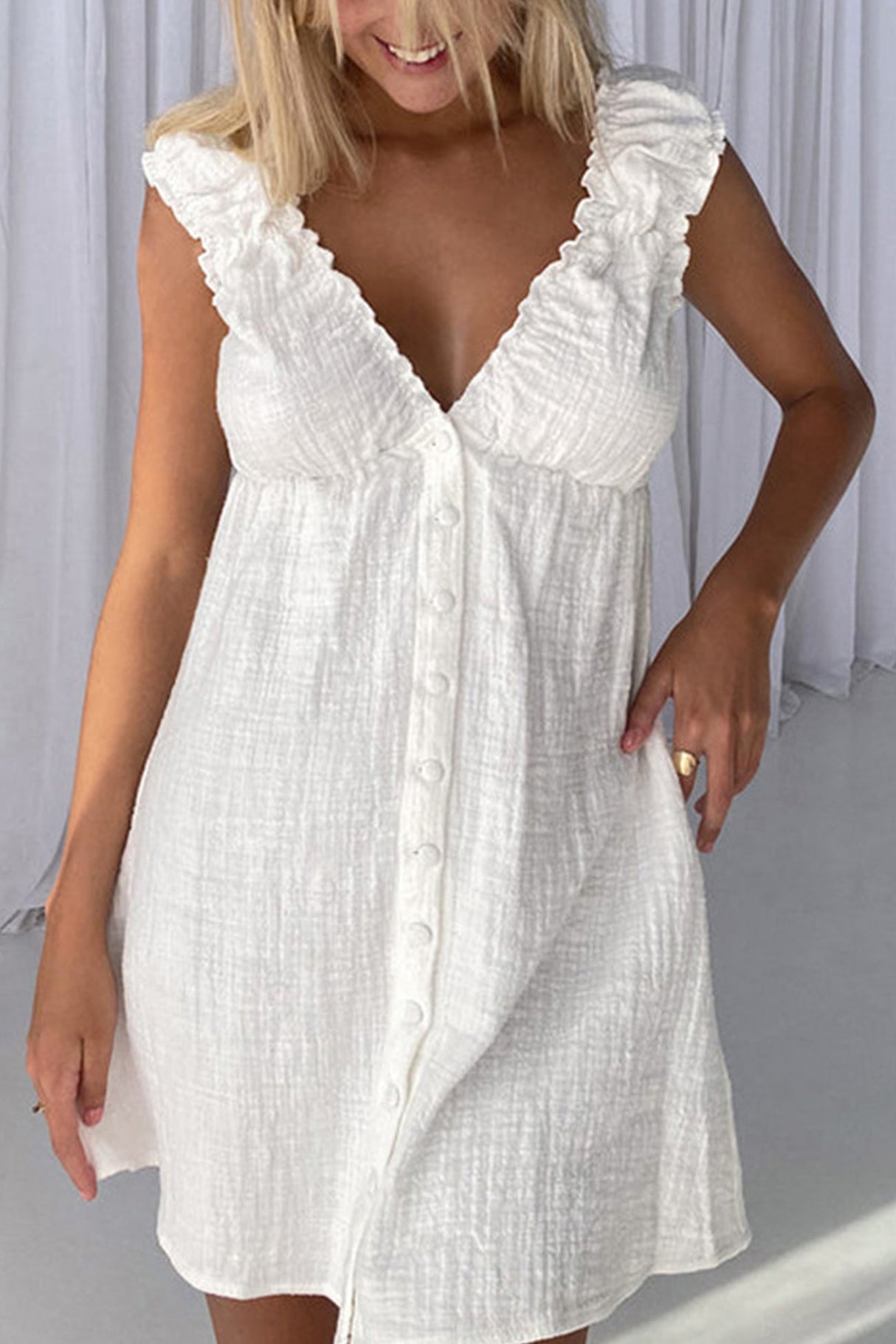 Ruched V Neck Button-down Linen Dress