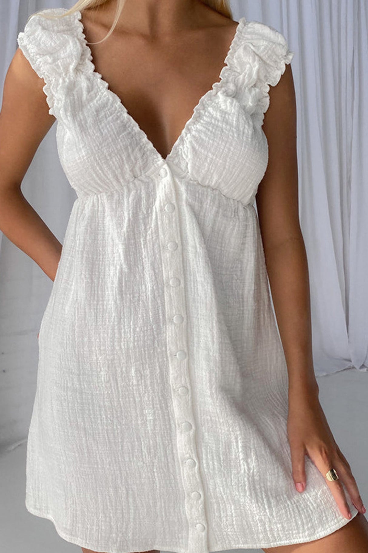 Ruched V Neck Button-down Linen Dress