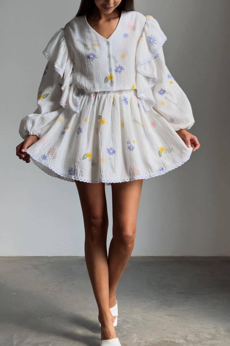 Ruffle Sleeve Printed Crop Top Skirt Suits