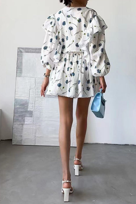 Ruffle Sleeve Printed Crop Top Skirt Suits