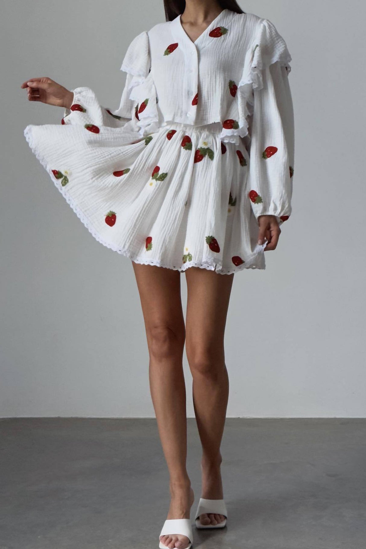 Ruffle Sleeve Printed Crop Top Skirt Suits