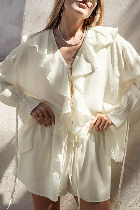 Arolora Ruffle Tie-up Sweet Shirt Set