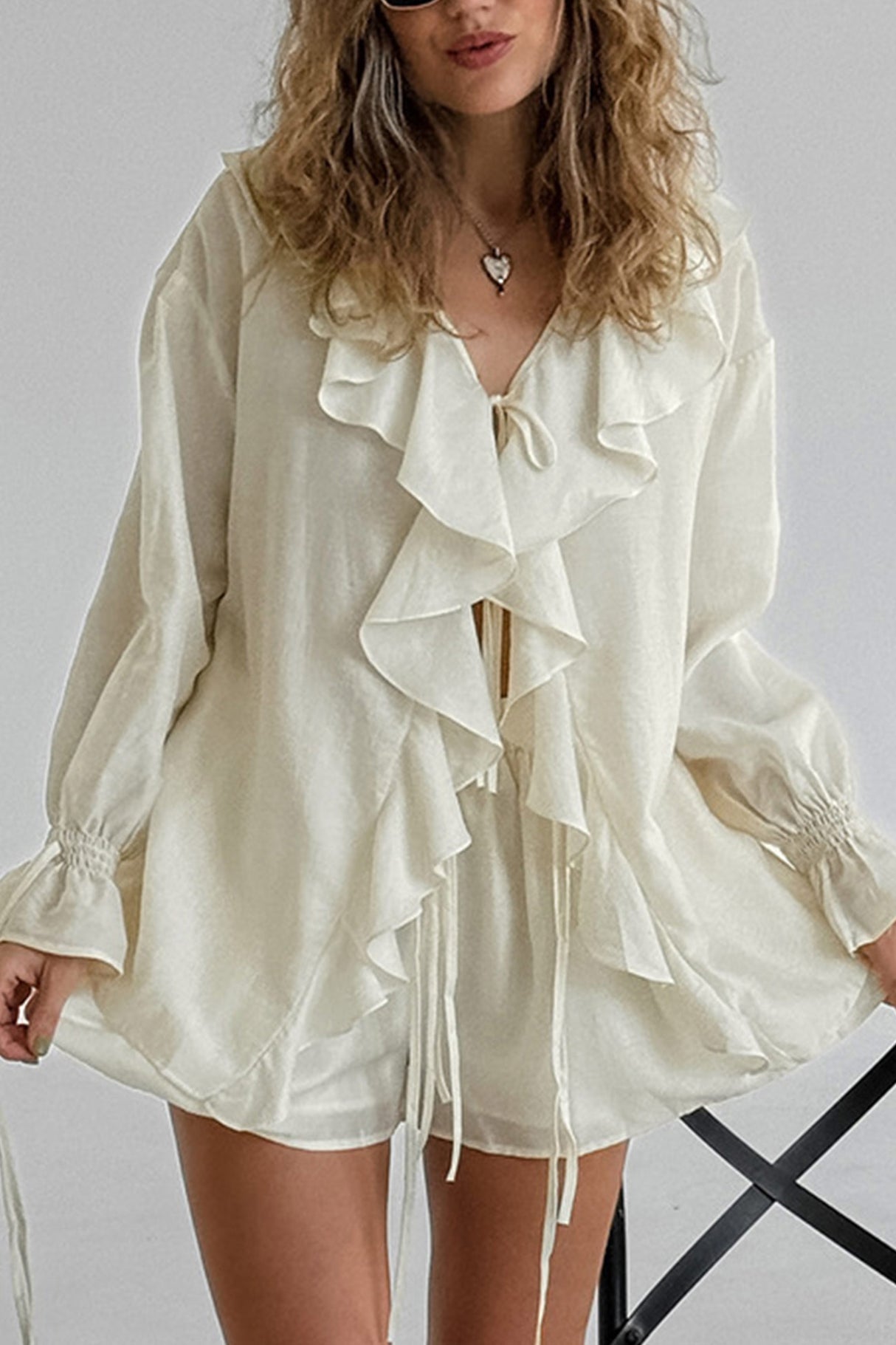 Arolora Ruffle Tie-up Sweet Shirt Set