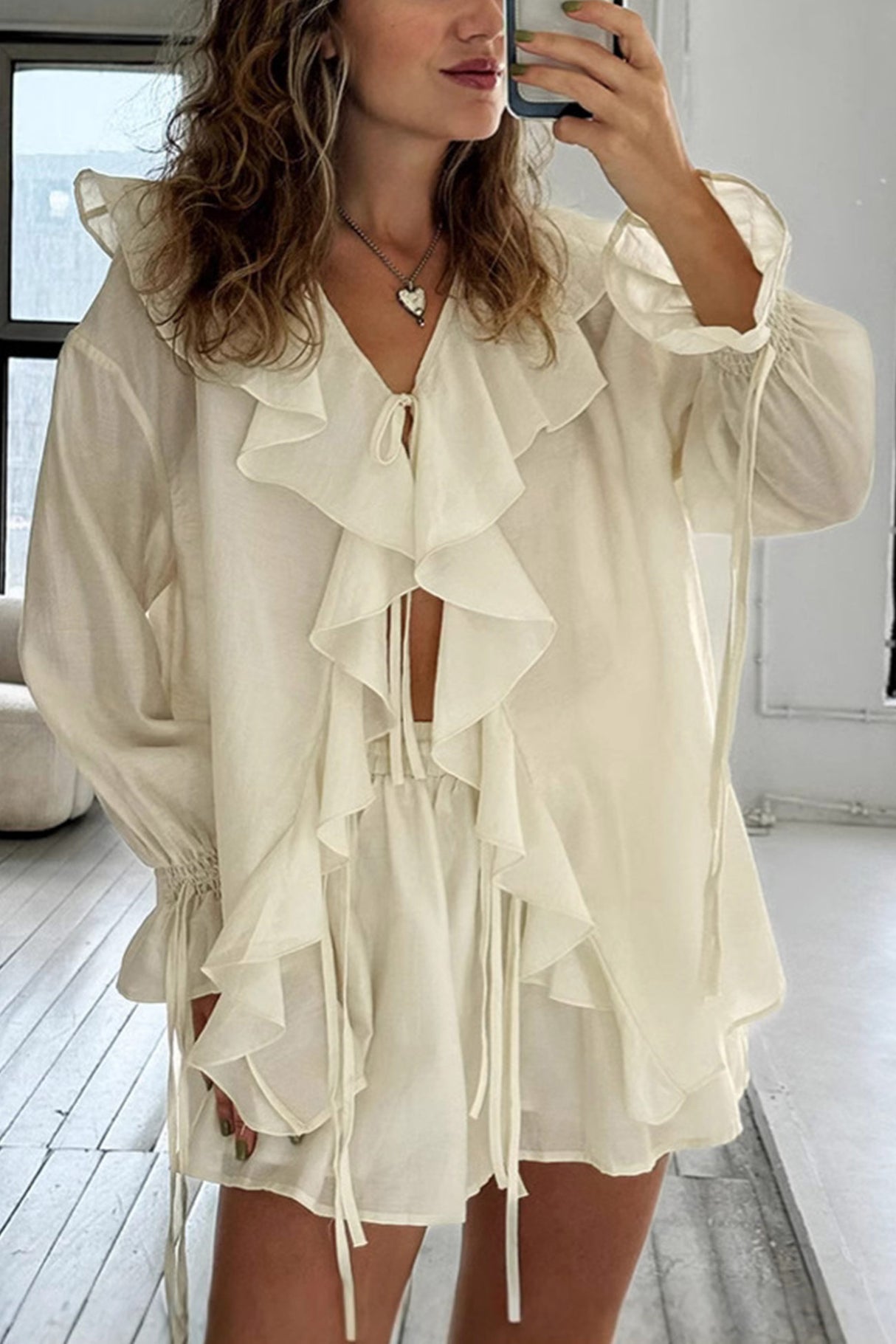 Arolora Ruffle Tie-up Sweet Shirt Set