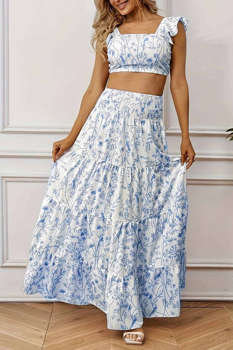 Ruffled Crop Top Floral Printed Tiered Skirt Set