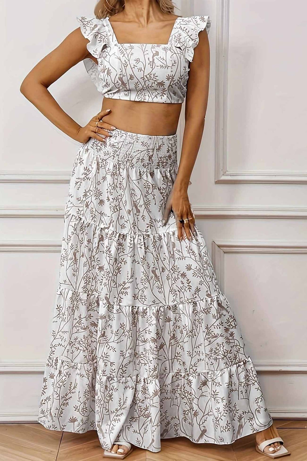 Ruffled Crop Top Floral Printed Tiered Skirt Set