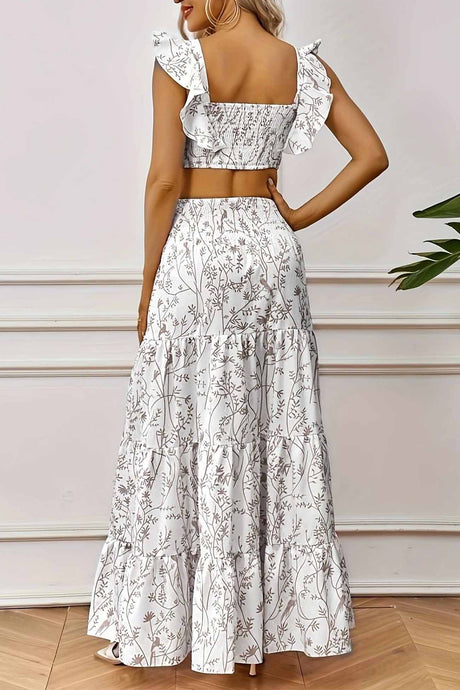 Ruffled Crop Top Floral Printed Tiered Skirt Set