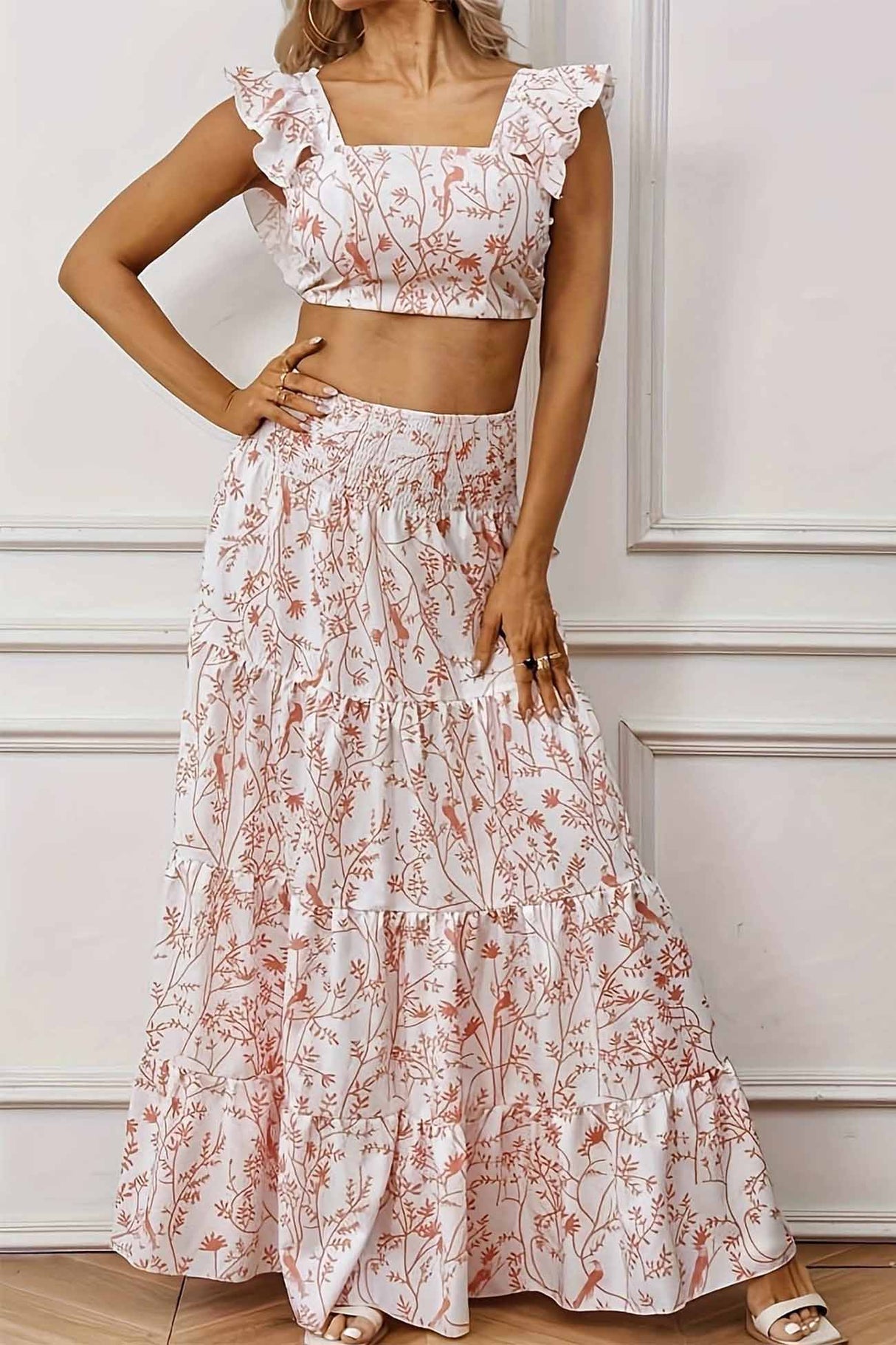 Ruffled Crop Top Floral Printed Tiered Skirt Set
