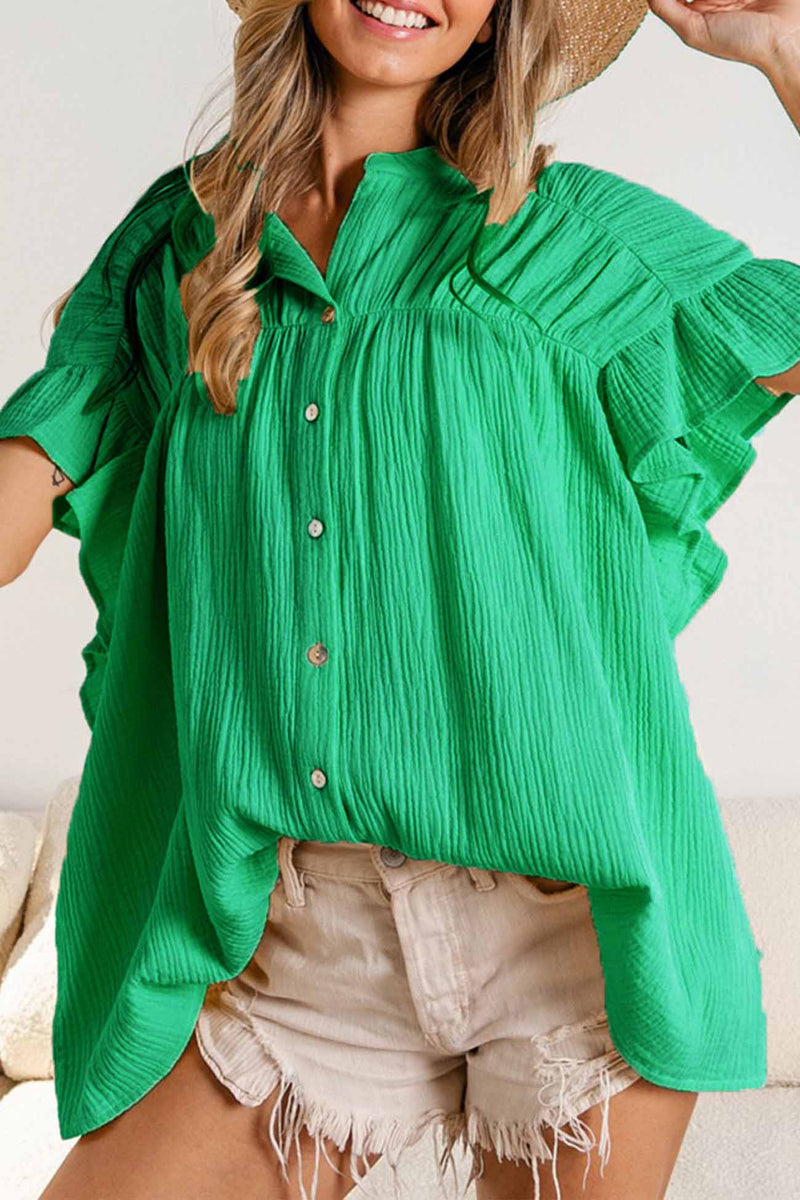 Ruffled Shirring Button Down Blouse