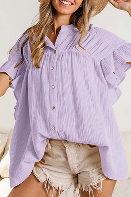 Ruffled Shirring Button Down Blouse