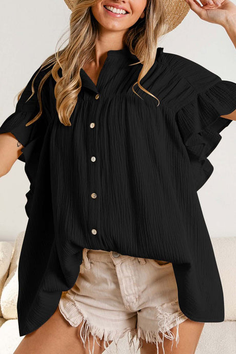 Ruffled Shirring Button Down Blouse