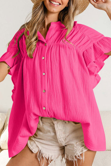 Ruffled Shirring Button Down Blouse