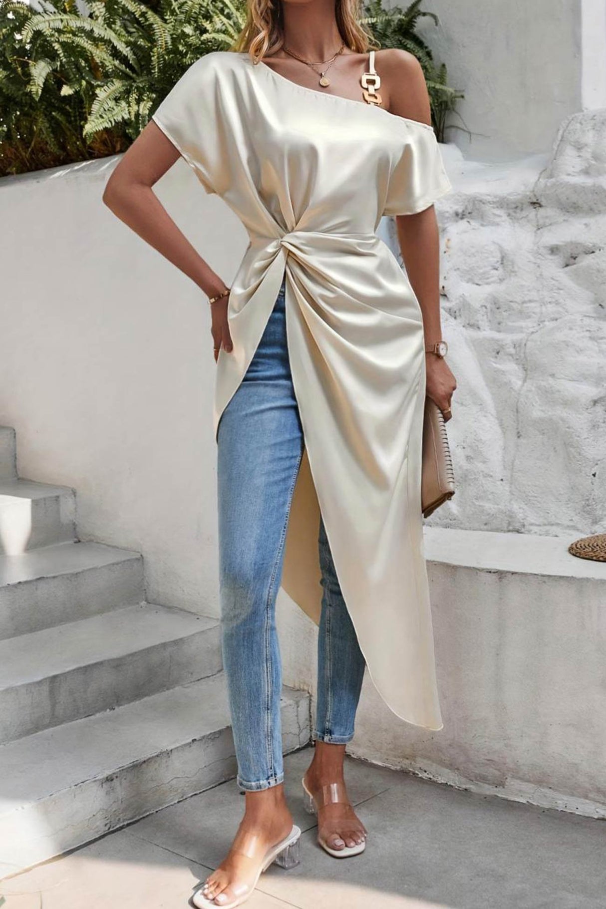 Arolora satin-drop-shoulder-ruched-slit-tops