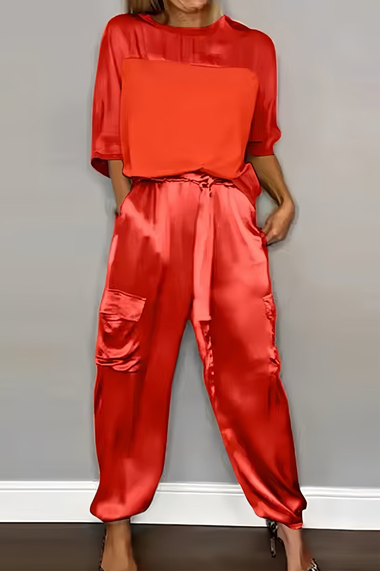 Satin Half Sleeve Shirt Two-piece Pants Set