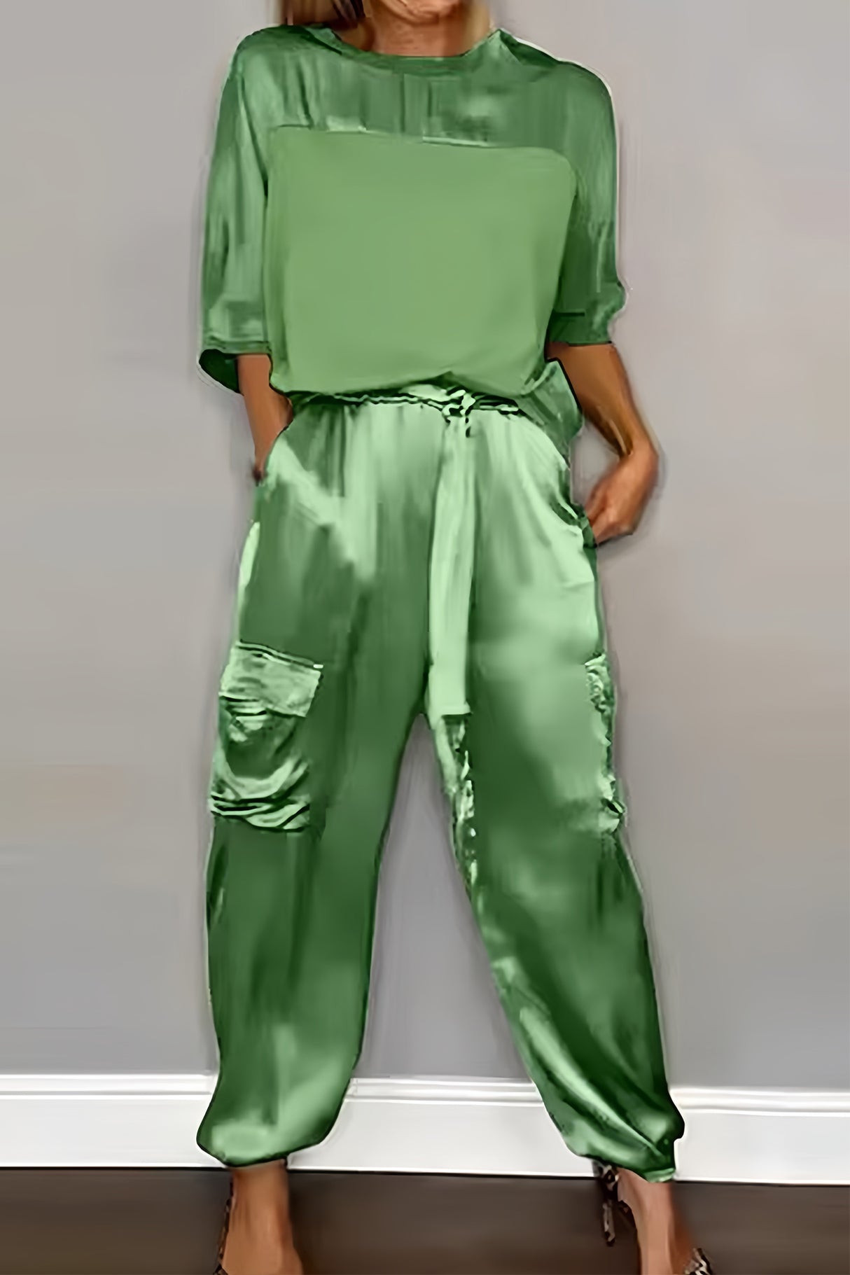 Satin Half Sleeve Shirt Two-piece Pants Set