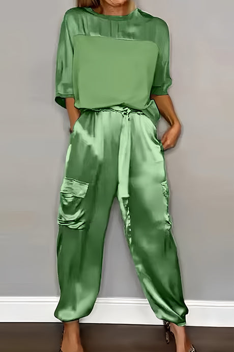 Satin Half Sleeve Shirt Two-piece Pants Set