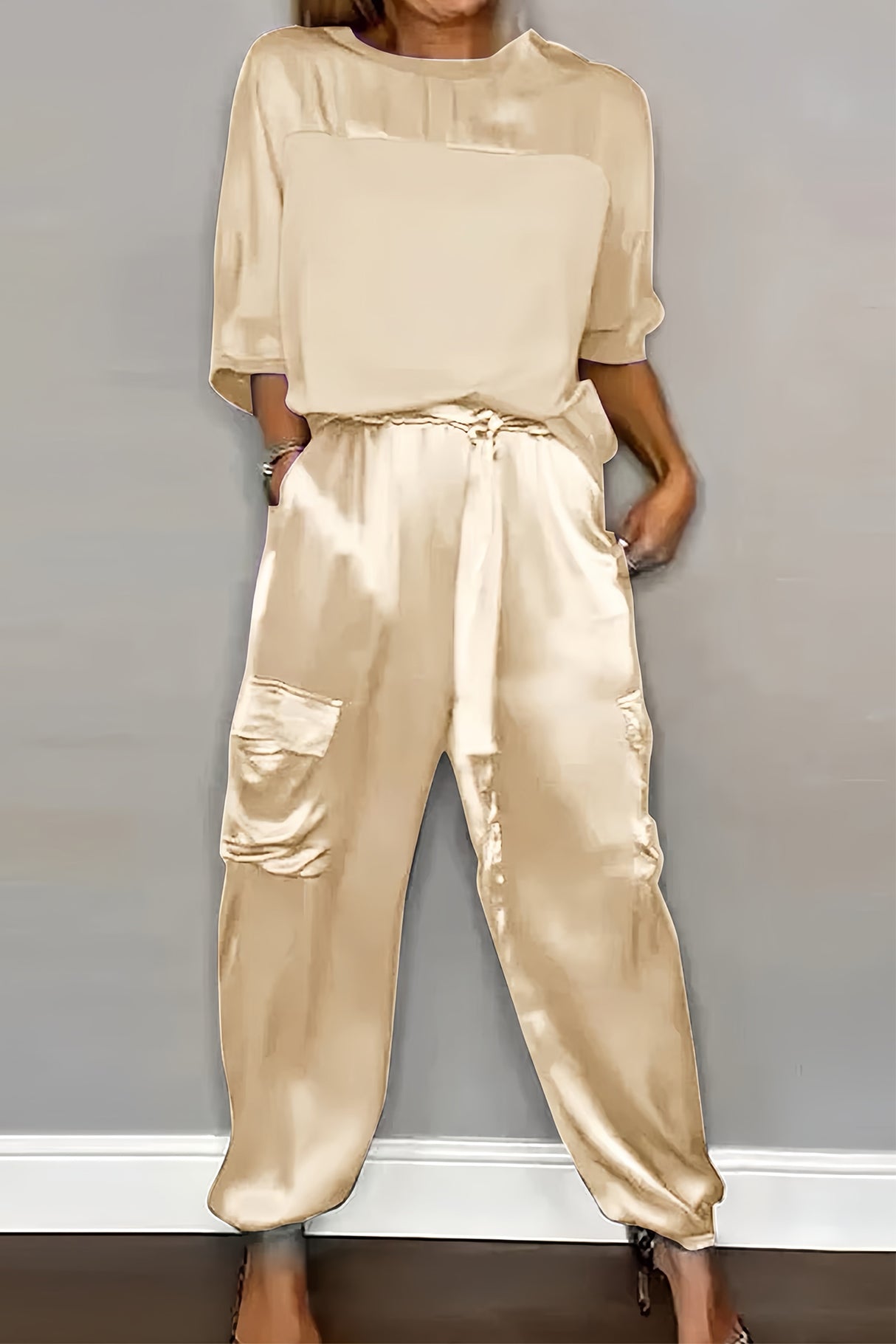 Satin Half Sleeve Shirt Two-piece Pants Set