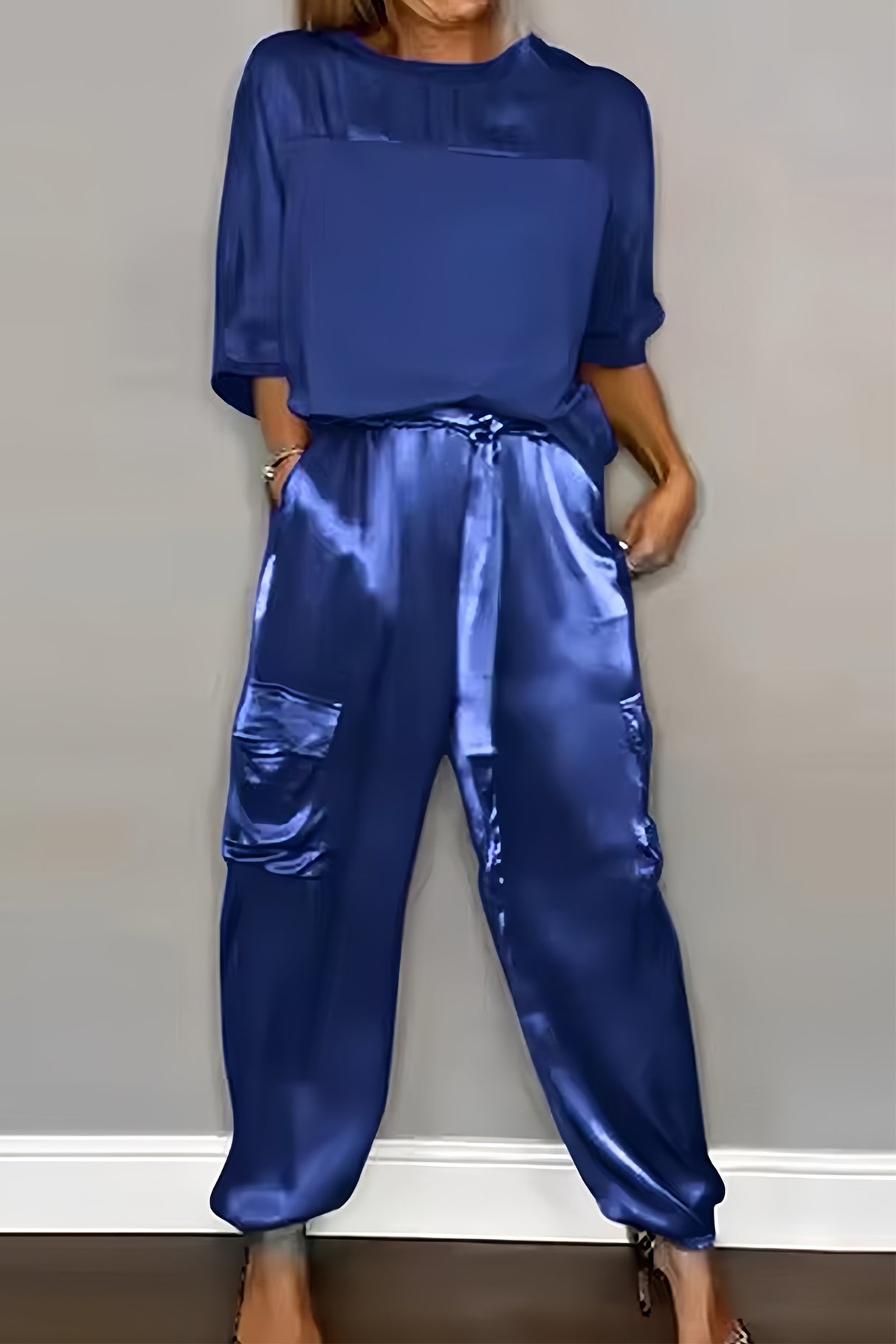 Satin Half Sleeve Shirt Two-piece Pants Set