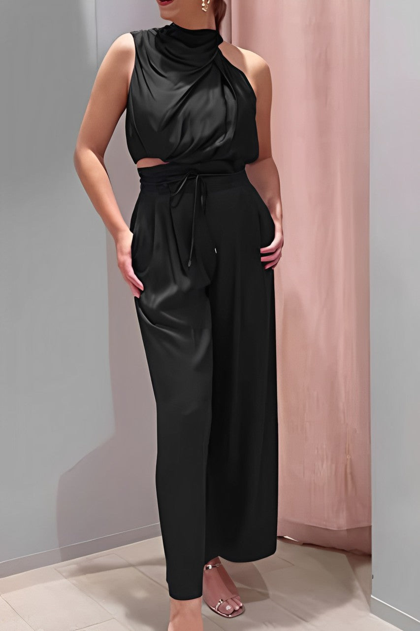 Arolora satin-mock-neck-crop-top-pants-suits