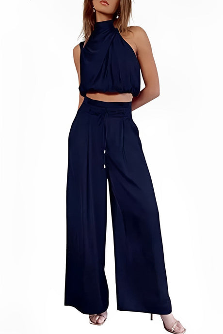 Arolora satin-mock-neck-crop-top-pants-suits
