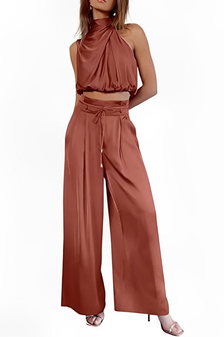 Arolora satin-mock-neck-crop-top-pants-suits