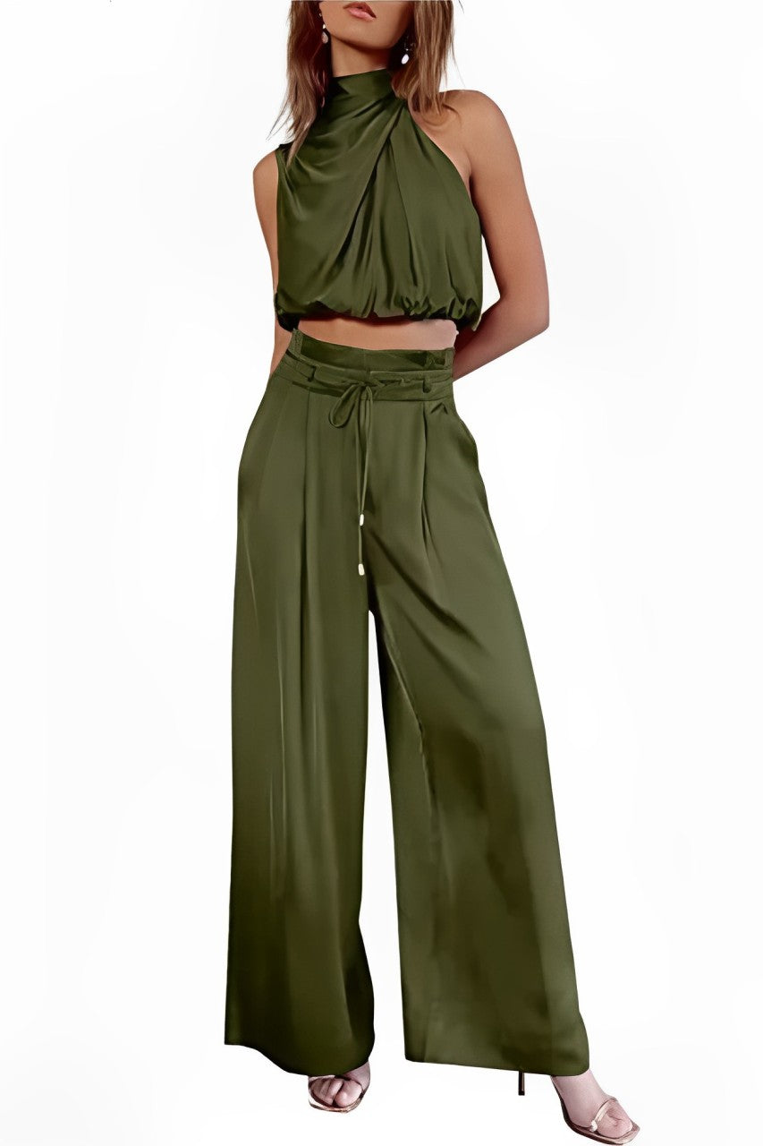 Arolora satin-mock-neck-crop-top-pants-suits