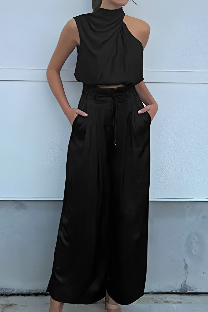 Arolora satin-mock-neck-crop-top-pants-suits