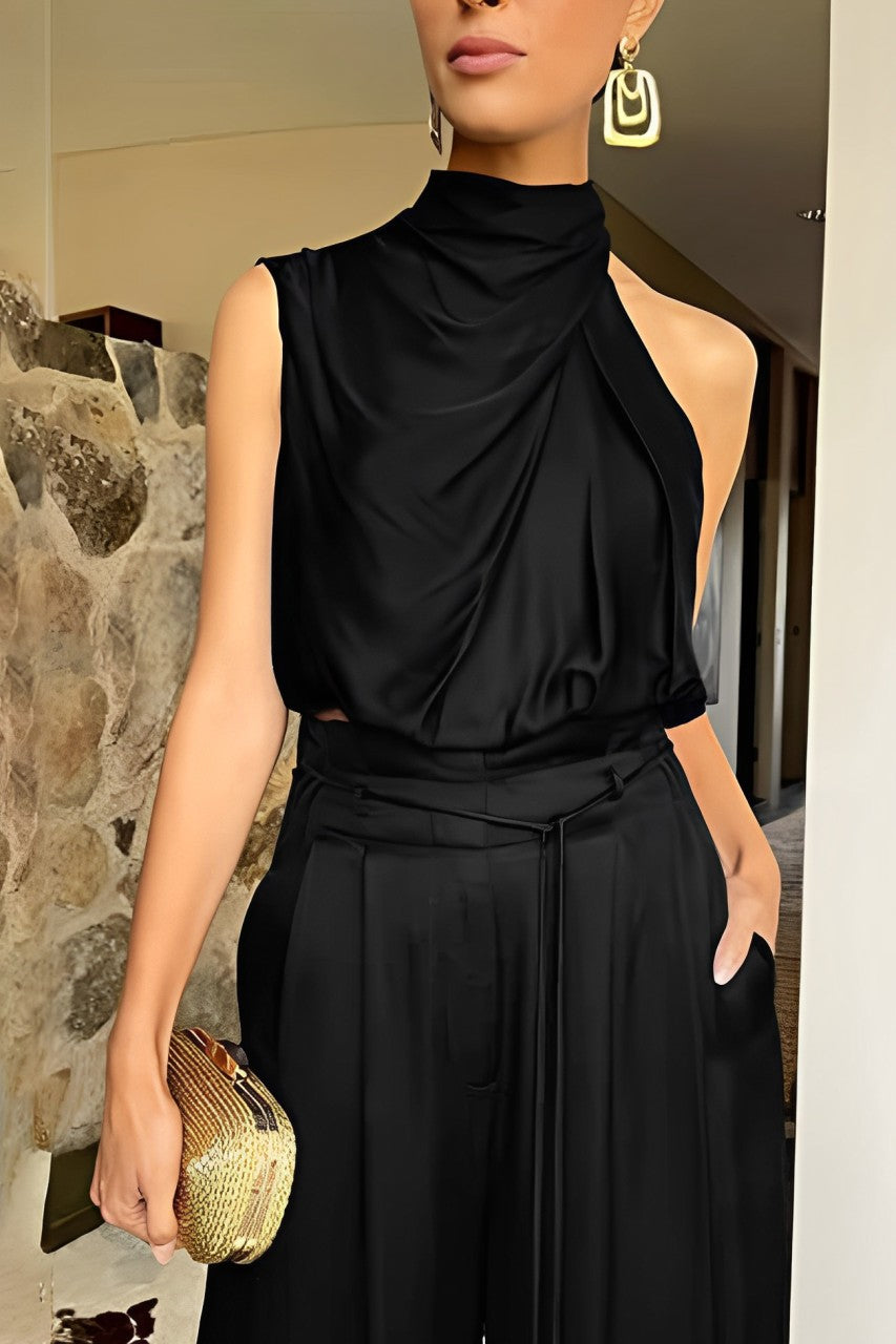 Arolora satin-mock-neck-crop-top-pants-suits