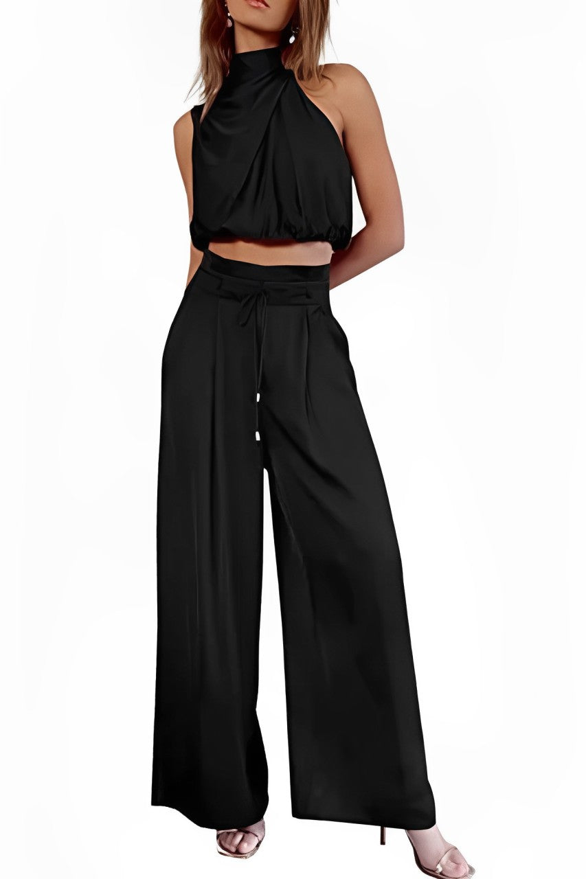 Arolora satin-mock-neck-crop-top-pants-suits