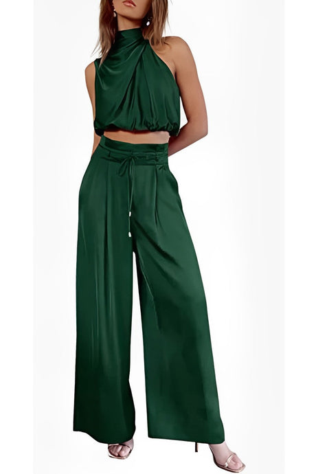 Arolora satin-mock-neck-crop-top-pants-suits