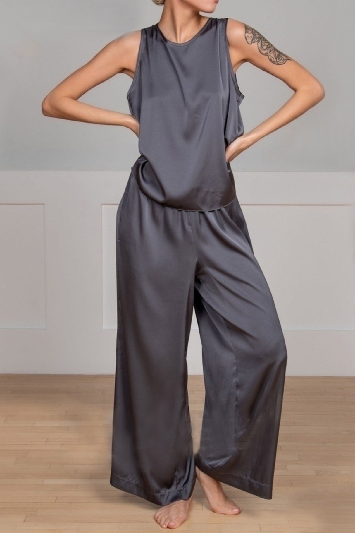 Satin Slit Tank Top Wide Leg Long Pants Set